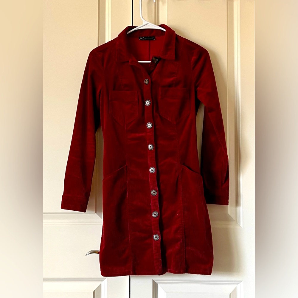 Zara Burgundy Corduroy Velvet Shirt Dress Bloggers Sz XS